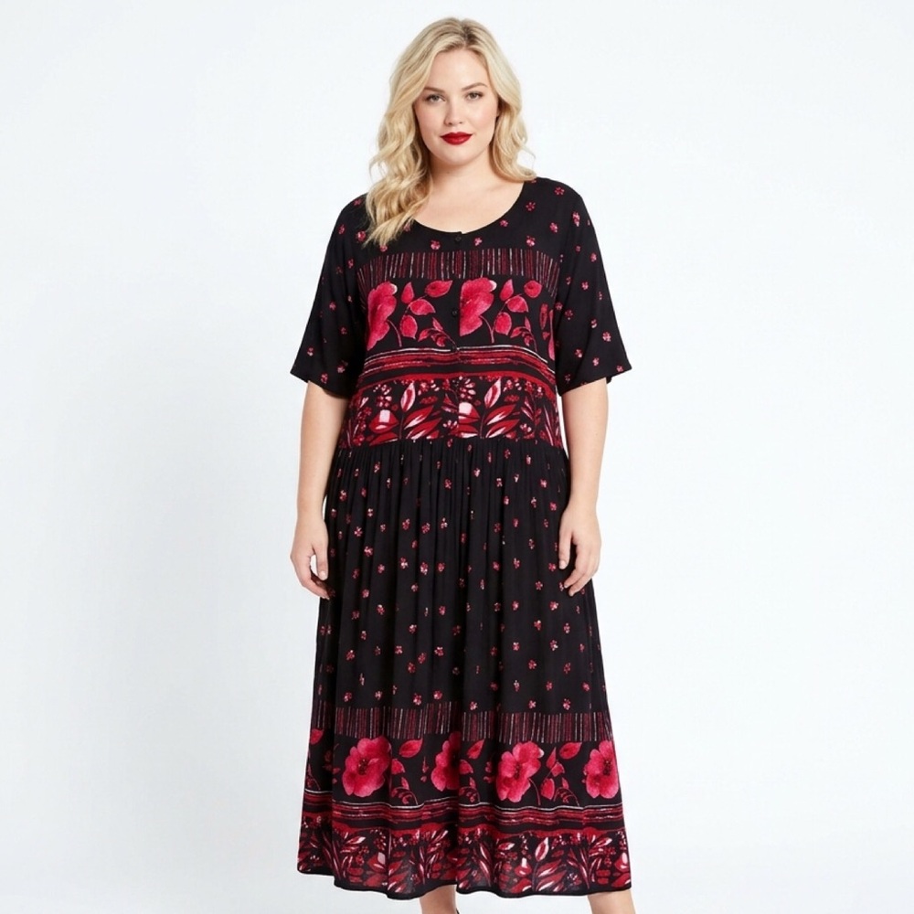 5X OLIVIA Floral Tropical Red Black 3/4 Sleeve Maxi Dress Plus Size  Dress
